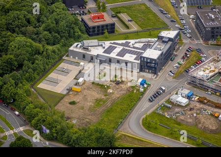 Luftbild, Baustelle mit Neubau Gesundheitscampus, an der RUB Ruhr-Universität Bochum, Querenburg, Bochum, Ruhrgebiet, Nordrhein-Westfalen, Germania Foto Stock