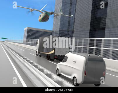 Velivolo elettrico VTOL per la consegna del carico, camion elettrico e minivan in movimento su autostrada. Immagine di rendering 3D. Foto Stock