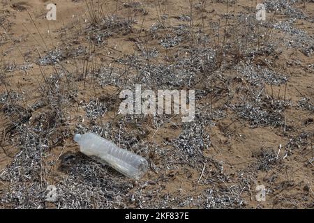 Il problema delle microsplastici nell'ambiente. Capannone di plastica sulla spiaggia, contaminazione ambientale con. Foto Stock