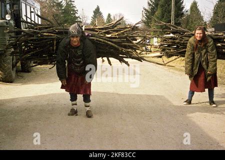 Snagov, Contea di Ilfov, Romania, circa 2000. Donne in strada che trasportano un carico di legna da ardere sulla schiena. Foto Stock