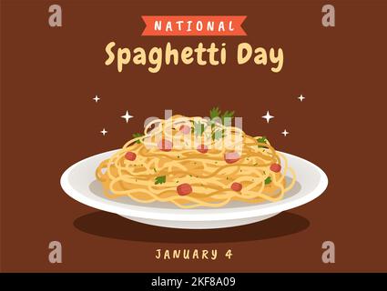 Giornata nazionale degli spaghetti il 4th gennaio con un piatto di tagliatelle o pasta italiana piatti diversi in Cartoon piatto modello disegnato a mano Illustrazione Illustrazione Vettoriale