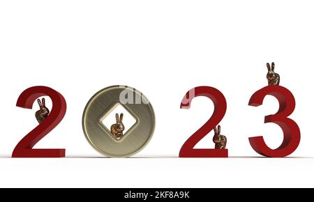 2023 numero coniglio animale animale selvatico zodiaco oroscopo cinese nuovo anno cny inizio calendario tempo 2022 fine moneta ricchezza denaro salute banca ricca Foto Stock