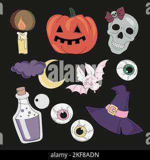 ACCESSORI Halloween Mystic Party Cartoon Vector Illustration Set for Print Illustrazione Vettoriale