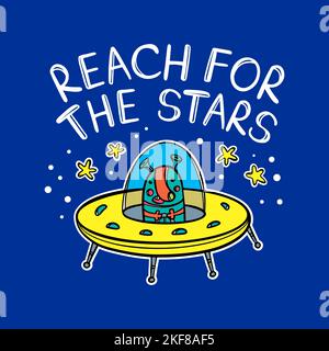 ALIENO STASTRONAVE Martian in Flying Saucer con contorni e motto di testo Cute Space Cartoon Clipart Vector Illustration Set for Print and Cutting on Blue Illustrazione Vettoriale