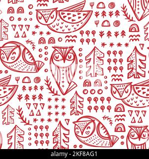 ABSTRACT GUFI Forest Bird variazioni con alberi e altre piante in colore rosso su bianco Backgroung disegno a mano senza cuciture modello Vector Illustrazione per Illustrazione Vettoriale