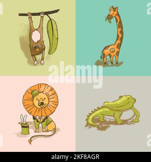 ANIMALI AFRICANI DIVERTENTI carino Cartoon Circus Zoo Jungle Savannah tropicale disegno a mano Vector Illustration for Print Illustrazione Vettoriale