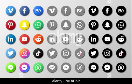 Set di sfumature, piatti, stile silhouette, icone social, set di icone dei social media più popolari illustrazioni vettoriali. Illustrazione Vettoriale