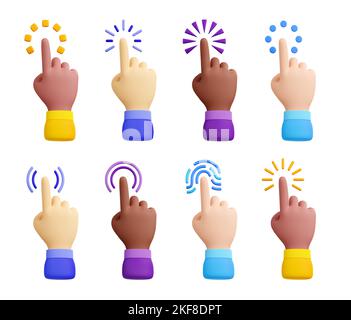 3d rendering delle mani del cursore con diversi colori della pelle impostati. Set isolato di dita clic africane, caucasiche, latine o asiatiche. Icone puntatore per la navigazione nel sito Web, illustrazione in stile cartoon plastico Foto Stock