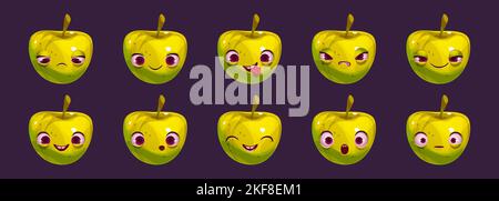 Cartoon verde mela carattere con emozioni diverse sul viso. Set di frutta divertente con grandi occhi e bocca felice, sorridente, triste, arrabbiato, spaventato, sorpreso, mostrando la lingua. Illustrazione del vettore emoticon Illustrazione Vettoriale