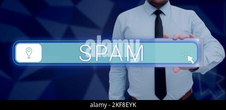 Scrittura a mano Spam. Testo Parola scritta su un messaggio commerciale di solito non richiesto inviato un gran numero di destinatari Foto Stock