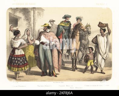 Costumi del popolo del Messico, 1858. Contadini di donna in bluse bianche e gonne colorate, ranchero (contadino) in poncho e chaps, Signore e signora a cavallo, e contadina e bambino di Tierra Caliente (Michoacán, Guerrero e Stati del Messico). Poblanas (paysannes), ranchero (fermier), cavalier Mexicain, dame Mexicaine, femme et enfant de Terra Caliente. Litografia colorata a mano e colorata a seppia di Jean-Adolphe Bocquin dopo un'illustrazione di Felix Fossey di Elisabeth Muller (pseudonimo di Leonie Bedelet), le Monde en Estampes, The World in Prints, Amadee Beselet, Parigi, 1858. Foto Stock