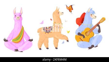 Vettore alpaca di Lamas. Carino personaggio lama isolato set su sfondo bianco. Divertente animale selvaggio meditare, suonare la chitarra, camminare all'aperto illustrati Illustrazione Vettoriale