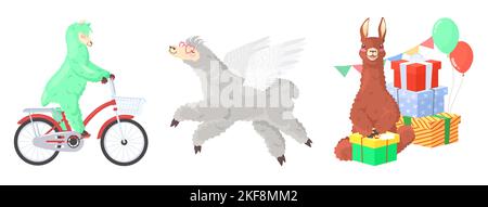 Divertente doodle lamas alpaca vettore piatto set. Carino animale selvaggio in bicicletta, seduta su boa regalo e galleggiante come l'illustrazione angolo isolato su whit Illustrazione Vettoriale