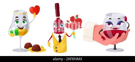 Vino e cognac romantico carattere set. Cartone animato divertente bevanda in bottiglia e vetro. Bevanda alcolica Kawaii con bouquet di fiori e caramelle isolate Illustrazione Vettoriale