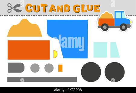 Tagliare e incollare. Illustrazione vettoriale di un raccoglitore, autocarro. Gioco di carta per l'attività e l'educazione dei bambini. Livello semplice Illustrazione Vettoriale