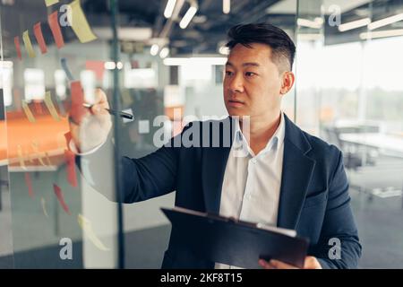 Un uomo d'affari asiatico focalizzato che scrive su note appiccicose nella parete di vetro dell'ufficio Foto Stock