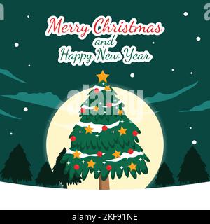 Pine Tree Snowflakes buon Natale felice anno nuovo messaggio di benvenuto disegno della scheda Illustrazione Vettoriale