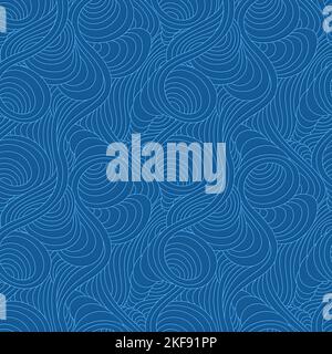 Ripetizione lineare vettoriale senza cuciture di linee blu uniformi di spirali e vortici. Texture marina senza cuciture di sottili linee e archi eleganti. Illustrazione Vettoriale