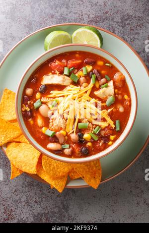 Zuppa di pollo Taco servita con lime e tortilla in un piatto sul tavolo. Vista verticale dall'alto Foto Stock