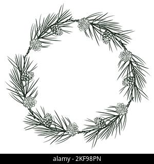 Corona fiorita di Natale di rami verdi. Illustrazione disegnata a mano per inviti e biglietti d'auguri, stile elegante Foto Stock