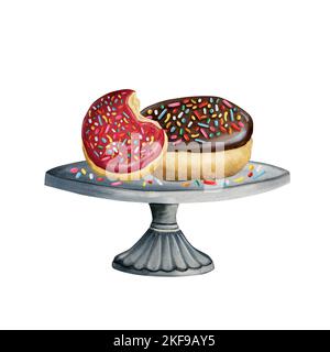 Ciambelle al cioccolato e alla fragola con spruzzate sulla torta stand acquerello illustrazione nei colori rosso, marrone, grigio per i disegni di panetteria e caffè Foto Stock