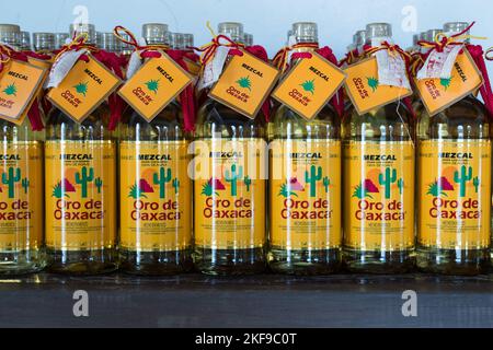 Mezcal finito in una distilleria di mezcal artigianale, un palenque o fabbrica o trapiche, nella valle di Oaxaca, Messico. Queste piccole imprese familiari Foto Stock