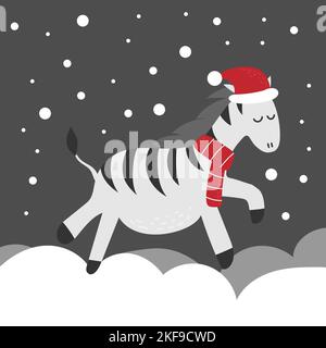 Biglietto di Natale con carino zebra piccola, animali invernali divertenti, personaggio cartone animato, design di saluto invernale Illustrazione Vettoriale