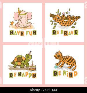 SET DI CARTE ANIMALI Cute Cartoon Circus Zoo Jungle Savannah Africa disegno a mano Vector Illustration for Print Illustrazione Vettoriale