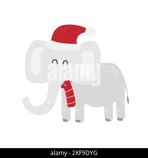 Divertente elefante cartone animato in cappello di Santa sulla sua testa, isolato su uno sfondo bianco. Biglietto di Natale Illustrazione Vettoriale