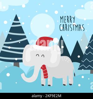 Divertente elefante cartone animato in cappello di Santa sulla sua testa. Biglietto di Natale. Personaggio cartone animato nella foresta invernale con neve, saluto design Illustrazione Vettoriale