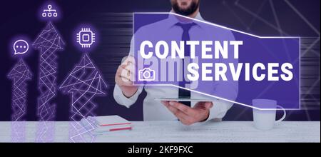 Cartello di testo che mostra i servizi di contenuto. Business Concept fornisce i contenuti on demand al consumatore del servizio Foto Stock