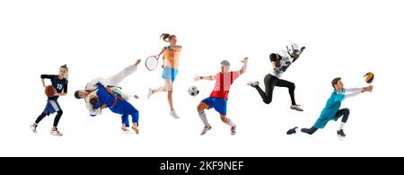 Collage. Persone diverse, sportivi in azione, giocare, allenarsi isolati su sfondo bianco. Pallacanestro, calcio, tennis, karate, pallavolo Foto Stock