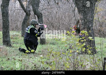 Non esclusiva: KHERSON, UCRAINA - 16 NOVEMBRE 2022 - un investigatore esamina i locali del Parco Buzkovyi (Lilac), conosciuto anche come Parco Shevchenko, w Foto Stock