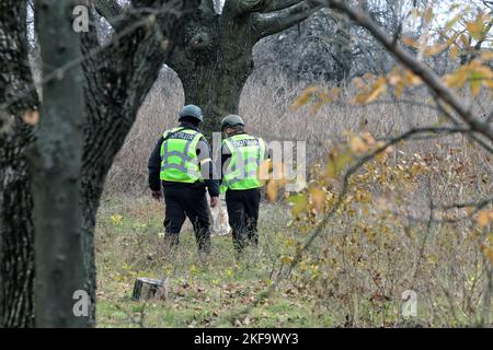 Non esclusiva: KHERSON, UCRAINA - 16 NOVEMBRE 2022 - gli investigatori esaminano i locali del Parco Buzkovyi (Lilac), conosciuto anche come Parco Shevchenko, Wher Foto Stock