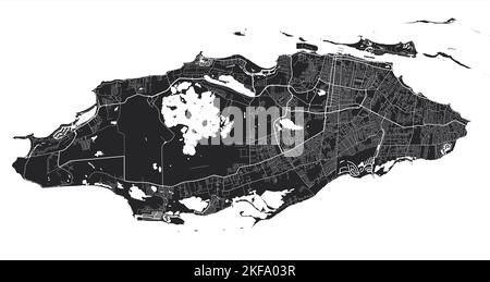 Mappa vettoriale di Nassau. Mappa vettoriale dettagliata dell'area amministrativa della città di Nassau. Poster sulla città con vista metropolitana dell'aria. Terra nera con strade bianche e AV Illustrazione Vettoriale