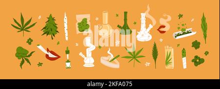 Disegno a mano astratto clip grafica illustrazione di Medical Marijuana, accessori per il fumo set.Glass bong per il fumo di erbacce.Cannabis e erbacce Illustrazione Vettoriale