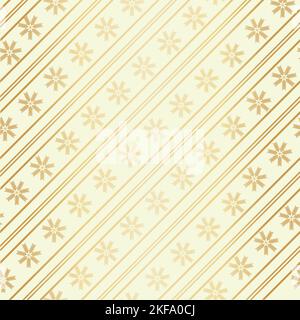 Natale oro foglio fiocco di neve senza cuciture motivo vettore sfondo. Fiocchi di neve dorati e sfondo diagonale a righe di canna da zucchero. Inverno neve festosa Illustrazione Vettoriale