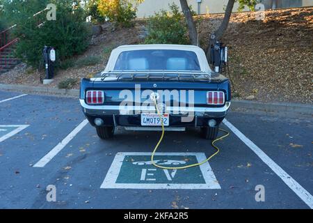 Mustang auto classica trasformata in elettrica collegata a una stazione di ricarica EV a Santa Rosa, California. Foto Stock