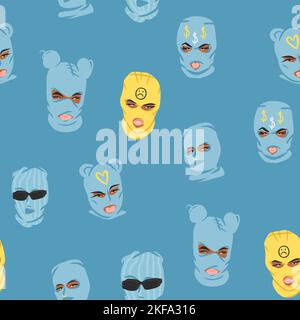 Collezione di illustrazioni grafiche clipart disegnate a mano con la ragazza ucraina in balaclava.Trendy design femminile moderno concept.Vector Illustrazione Vettoriale
