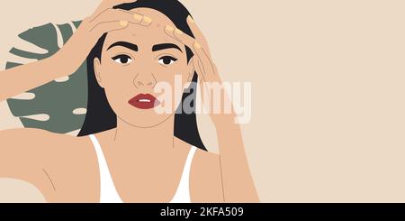 Donna con acne. Bella ragazza in t-shirt bianca schiacciando il pimpile sul suo viso. Concetto di problema della pelle. Illustrazione Vettoriale