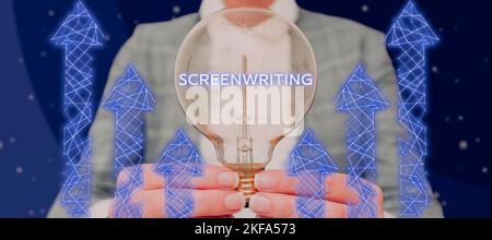 Scrittura visualizzazione testo Screenwriting. Parola scritta sull'arte e sul mestiere di scrittura degli scritti per la comunicazione dei mezzi Foto Stock