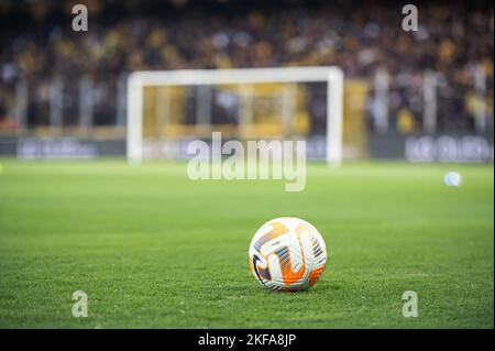 Palla di calcio su erba verde sullo stadio di calcio di notte Foto Stock