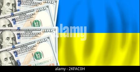 Dollari sulla bandiera dell'Ucraina, finanza Ucraina, sovvenzioni, sostegno sociale, concetto di PIL Foto Stock