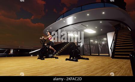 Palestra biciclette al coperto su Super Yacht di lusso. Rendering 3D ad alta risoluzione estremamente dettagliato e realistico Foto Stock