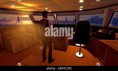 Abitacolo di un Super Yacht di lusso. Rendering 3D ad alta risoluzione estremamente dettagliato e realistico Foto Stock