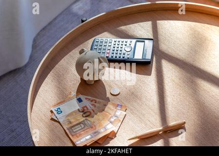 Vista dall'alto del tavolo in legno con calcolatrice, banca di porcellini, euro fattura e moneta e una penna per il concetto finanziario a casa senza persone e raggi solari Foto Stock