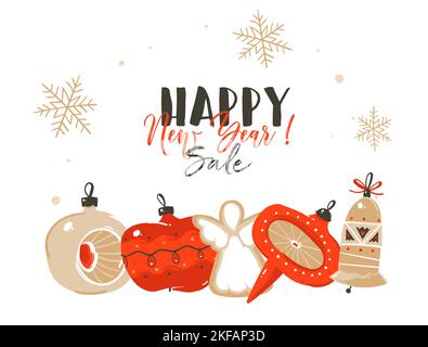 Mano disegnata vettore astratto divertimento stock piatto buon Natale, e felice anno nuovo cartoon cartone festivo con belle illustrazioni di Natale e vintage Illustrazione Vettoriale