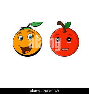 Felice cute sorridente frutta faccia insieme. Vettore flat kawaii cartoon personaggio illustrazione raccolta icone. Carino set di emoji di colore arancione, mela, pomodoro Illustrazione Vettoriale