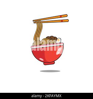 Spaghetti alle uova e polpette con Chopsticks icona cartoon vettoriale Illustrazione. Concetto Icon Vector Premium Vector isolato per cibo e bevande. Illustrazione Vettoriale