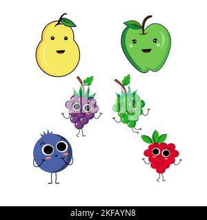 Raccolta di carino vettoriale cartoni animati frutti. Set di personaggi cartoni animati: Uva, lampone, mela, pera e uva Illustrazione Vettoriale